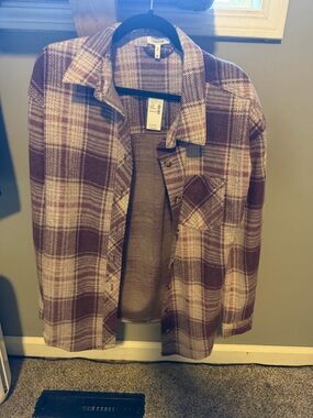 Maurices Plaid Button-Down Shirt Jacket in Mauve and Cream